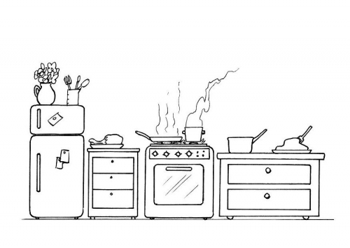 Coloriage d'une cuisine chaleureuse avec des ustensiles variés