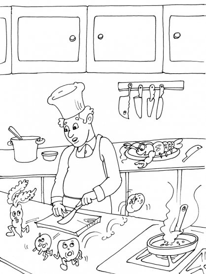 Coloriage d'une cuisine animée avec des ustensiles et des aliments