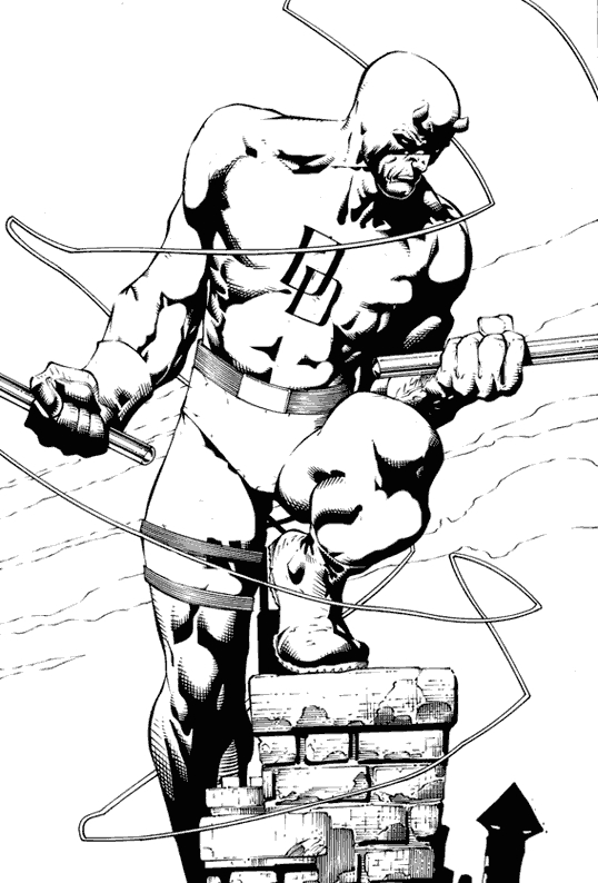 Coloriage de Daredevil en pleine action dans un décor urbain