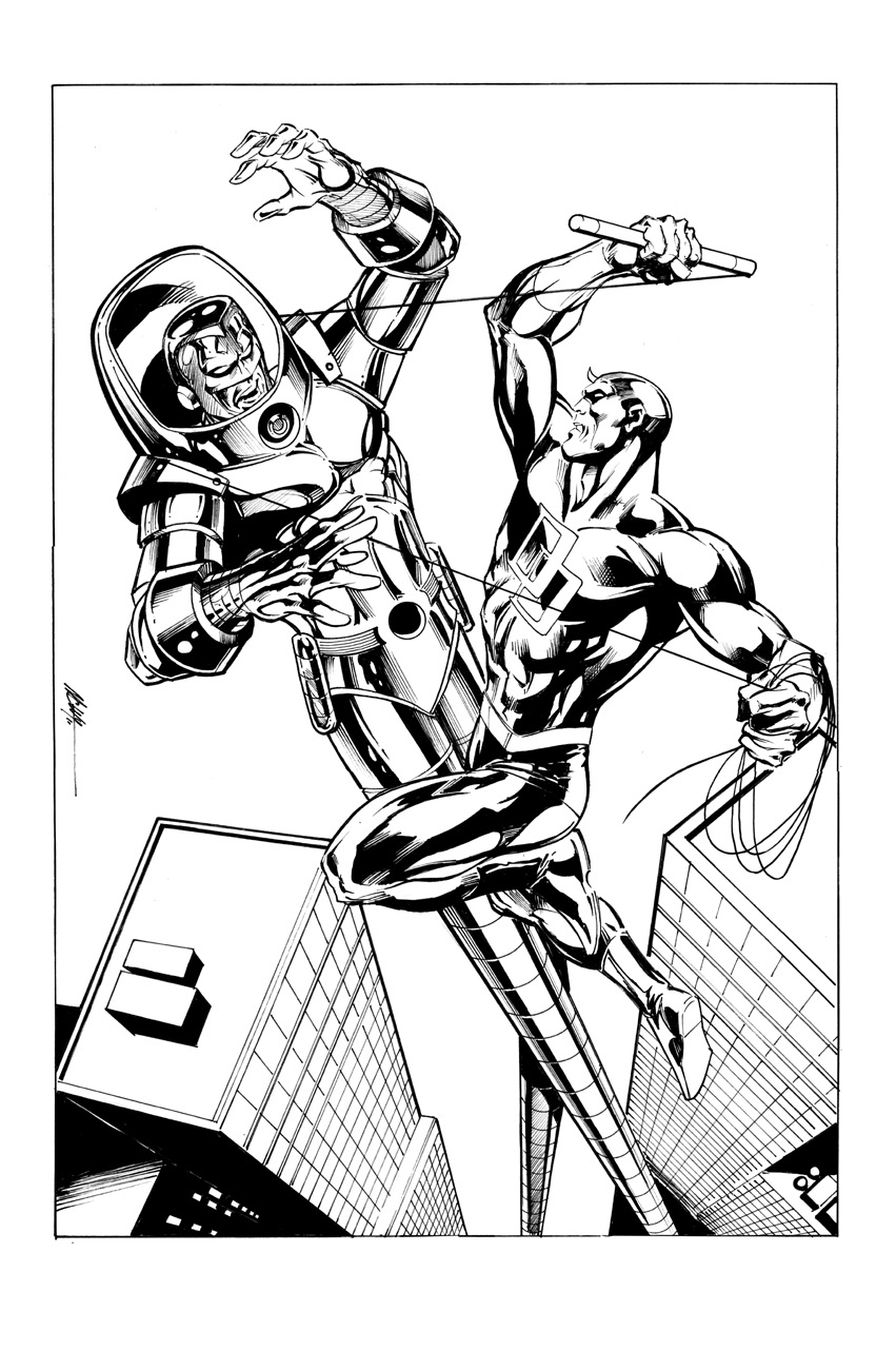 Coloriage de Daredevil en pleine action dans un décor urbain