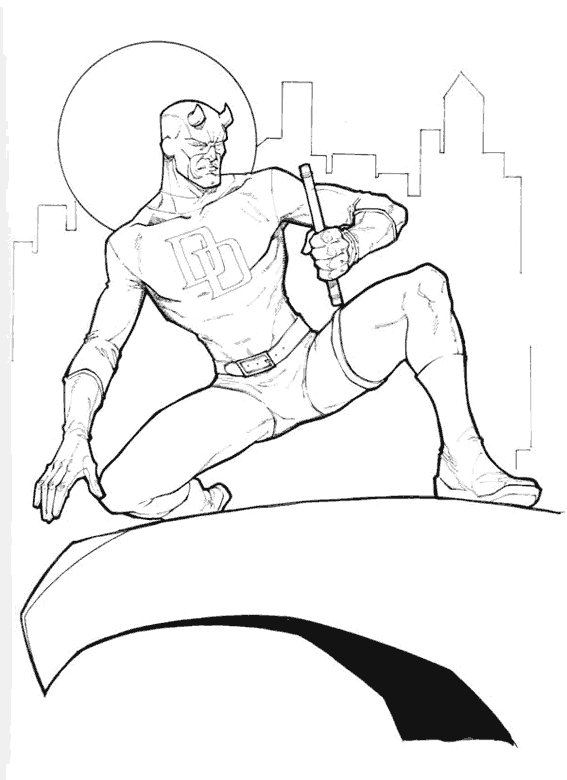 Coloriage de Daredevil en pleine action dans un décor urbain