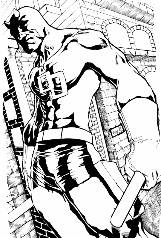 Coloriage de Daredevil en pleine action dans un paysage urbain