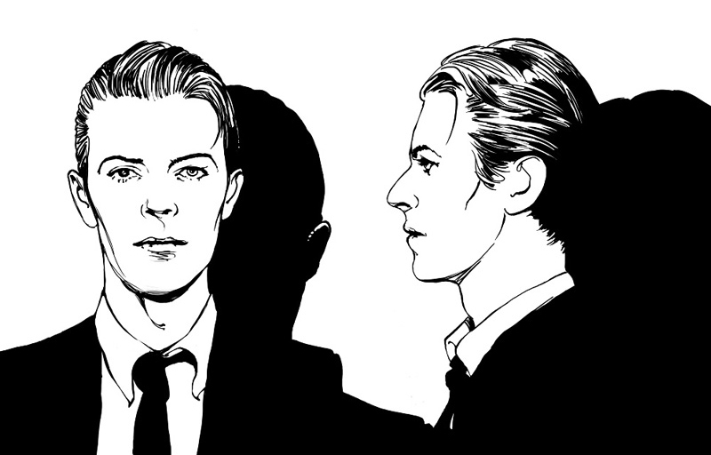 Coloriage de David Bowie en portrait stylisé avec une expression intense