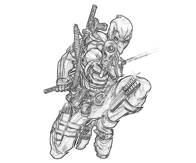 Coloriage de Deadpool en action avec son emblématique costume rouge et noir