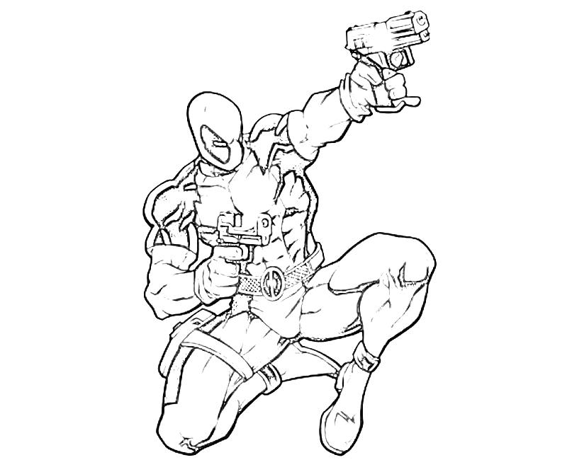 Coloriage de Deadpool en pleine action avec son emblématique costume