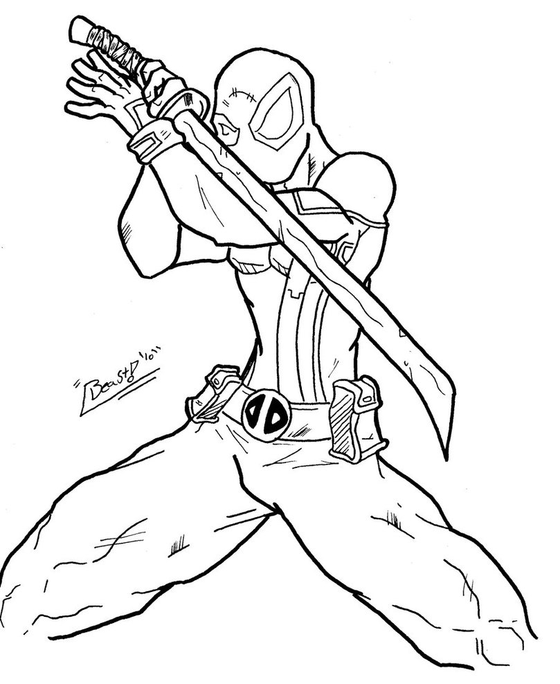 Coloriage de Deadpool en pleine action avec son katana
