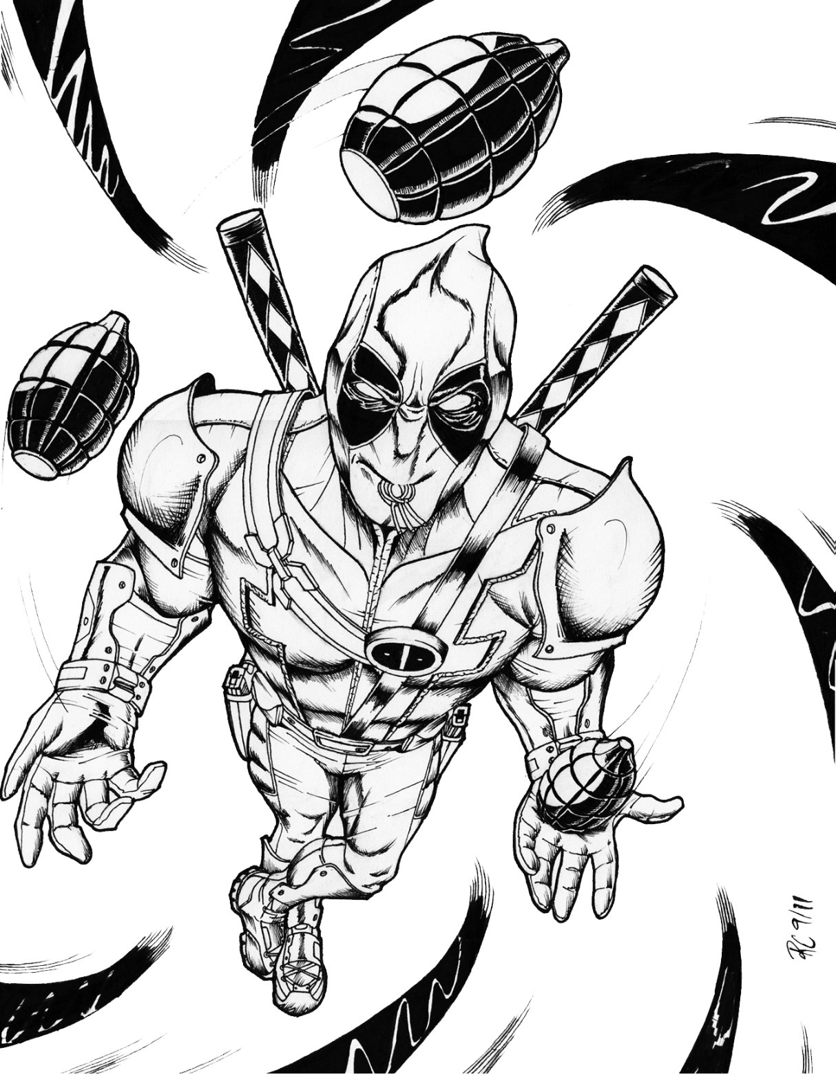 Deadpool en pleine pose héroïque avec son épée