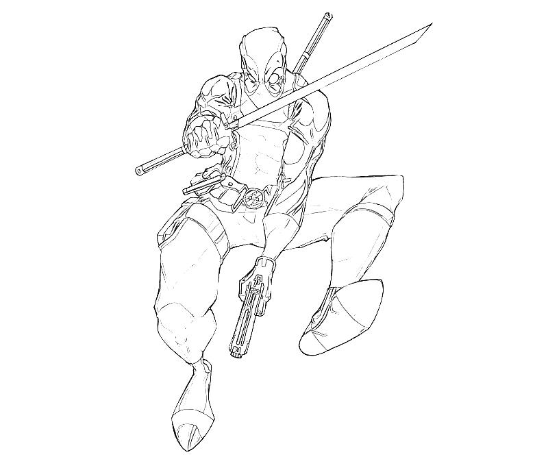 Deadpool en pleine action avec son épée au milieu d'une scène urbaine