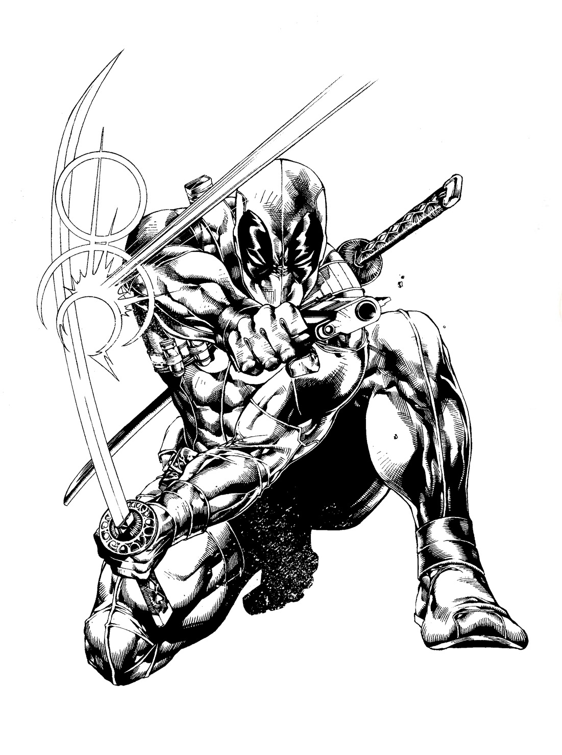 Deadpool en pleine action avec son katana et son humour caractéristique Deadpool en pleine action avec son katana et son humour caractéristique