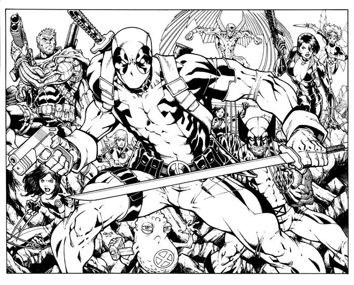 Coloriage de Deadpool en action, prêt à se battre sur un fond dynamique Coloriage de Deadpool en action, prêt à se battre sur un fond dynamique