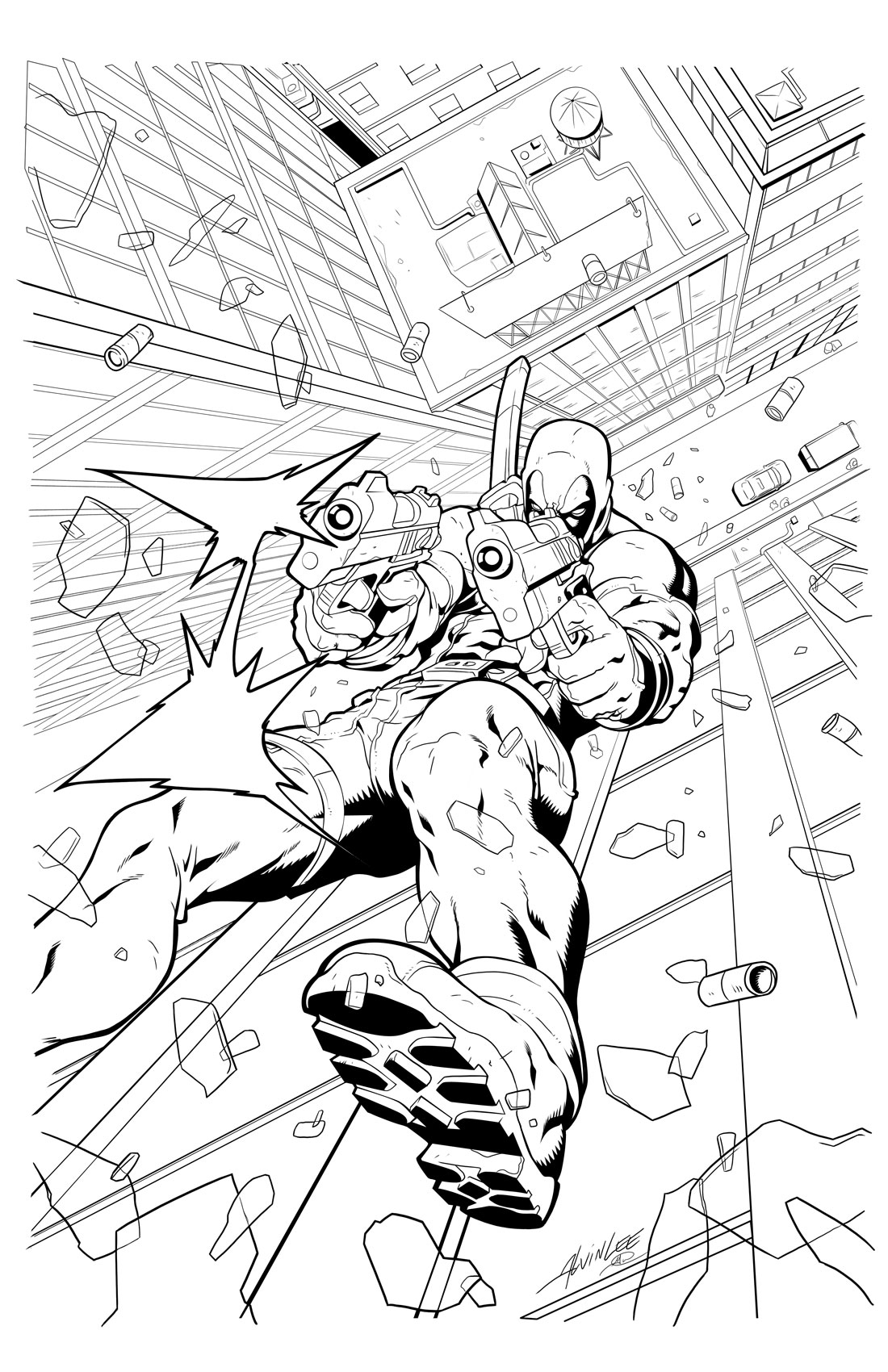Deadpool en pleine action, prêt à combattre dans un décor urbain Deadpool en pleine action, prêt à combattre dans un décor urbain