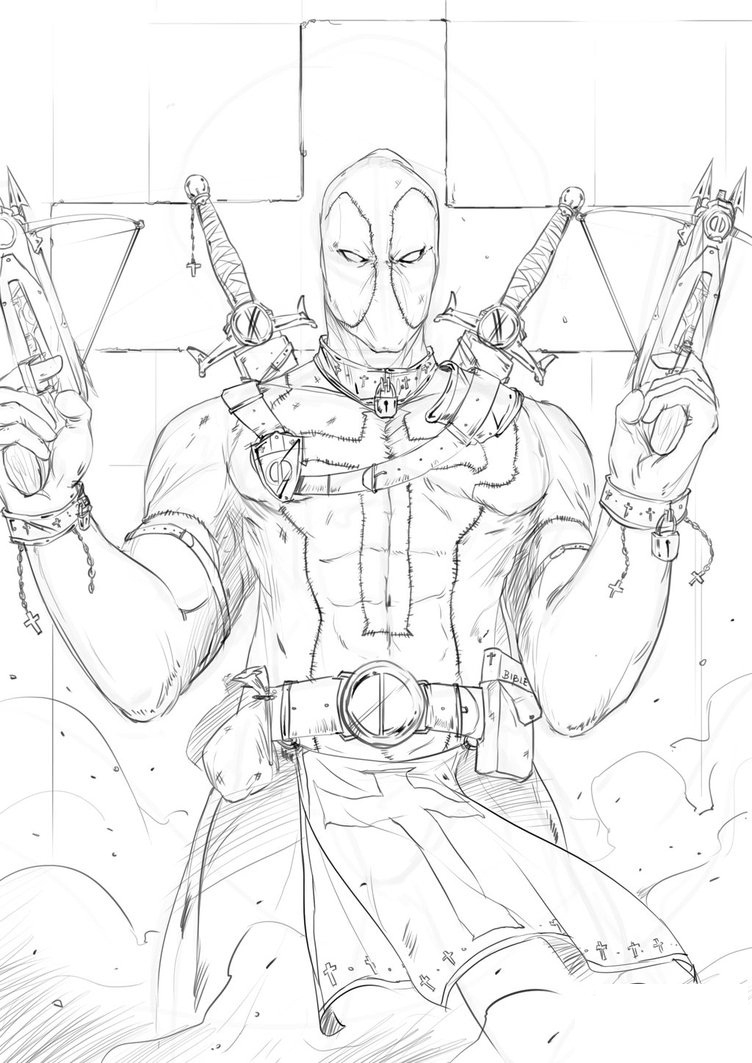 Coloriage de Deadpool en pleine action avec son katana
