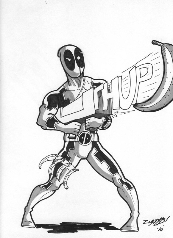 Coloriage de Deadpool en action avec son épée dans un décor urbain Coloriage de Deadpool en action avec son épée dans un décor urbain