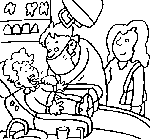Coloriage d'un dentiste examinant un enfant dans son cabinet