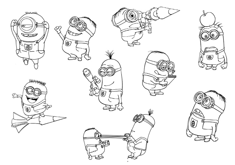 Coloriage de personnages du film "Moi, Moche et Méchant" en pleine action