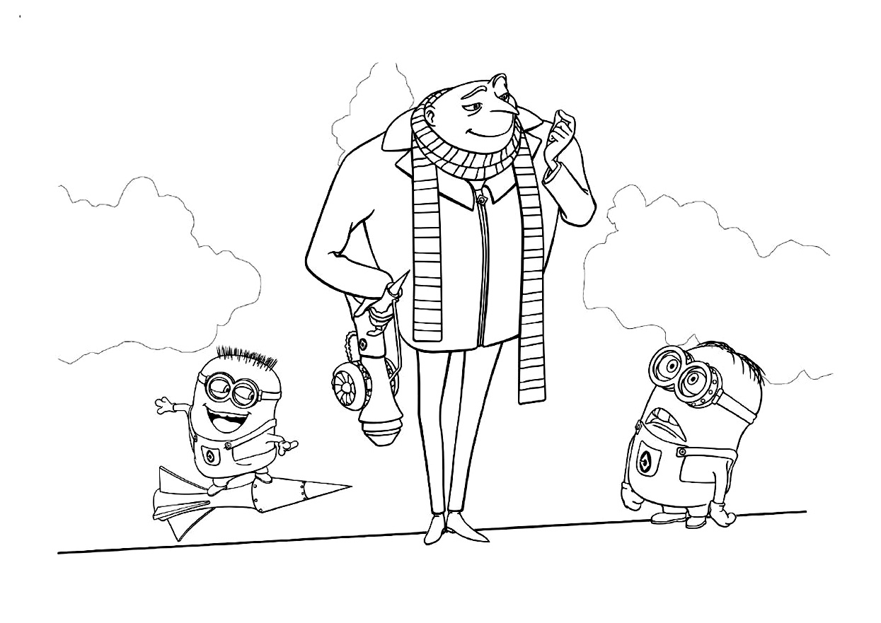 Coloriage de personnages du film "Détestable Moi" en pleine action