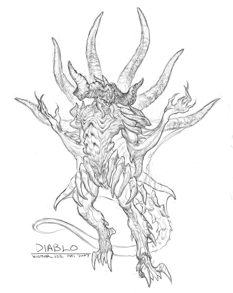 Coloriage de Diablo avec une expression malicieuse dans un décor stylisé