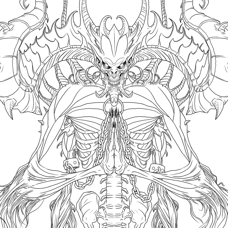 Coloriage de Diablo dans une pose dynamique avec un décor suggérant le fantastique