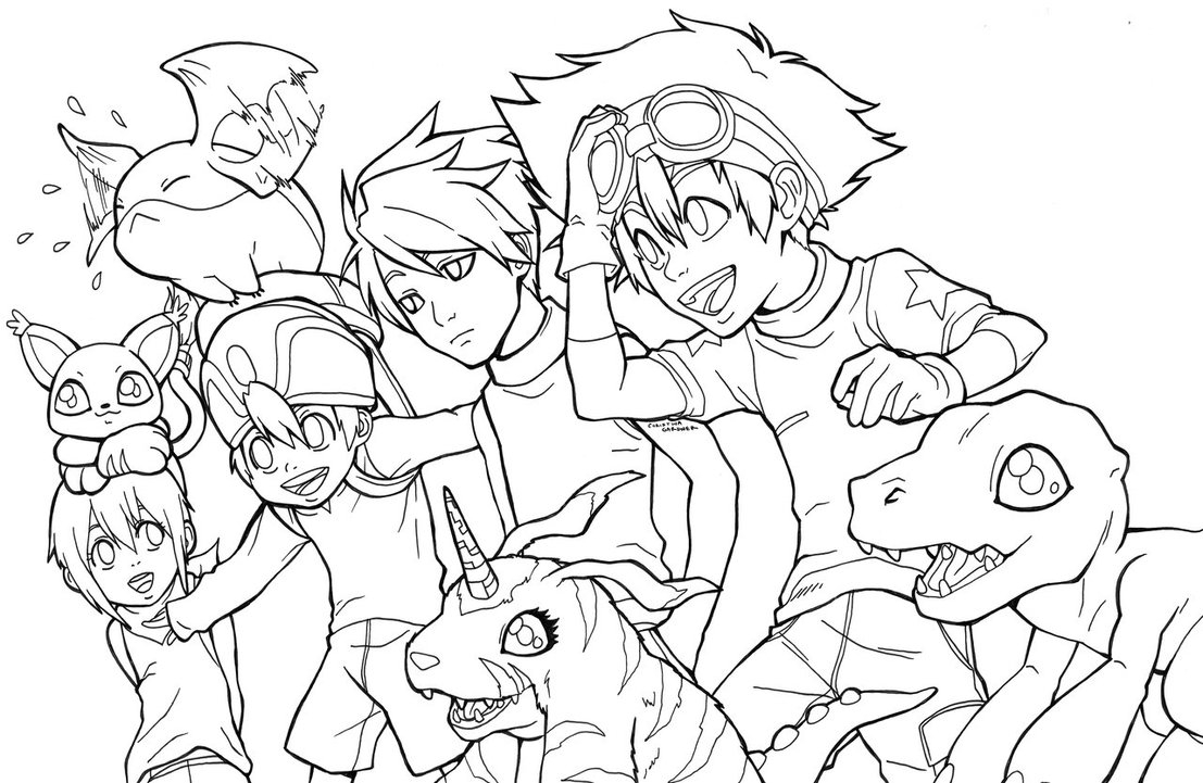 Coloriage d'un Digimon en pleine action dans un paysage naturel