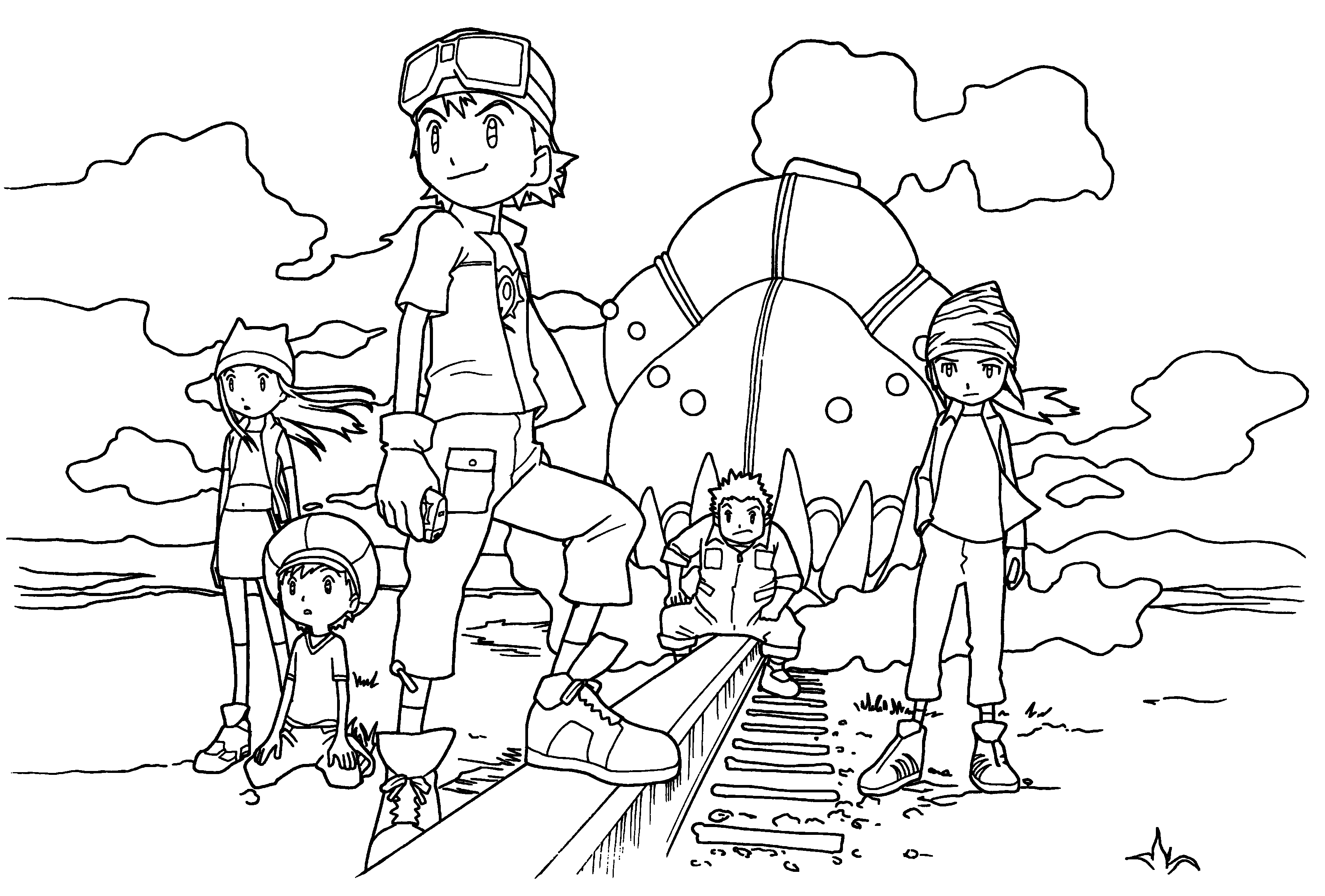 Coloriage de Digimon en pleine action dans un paysage dynamique