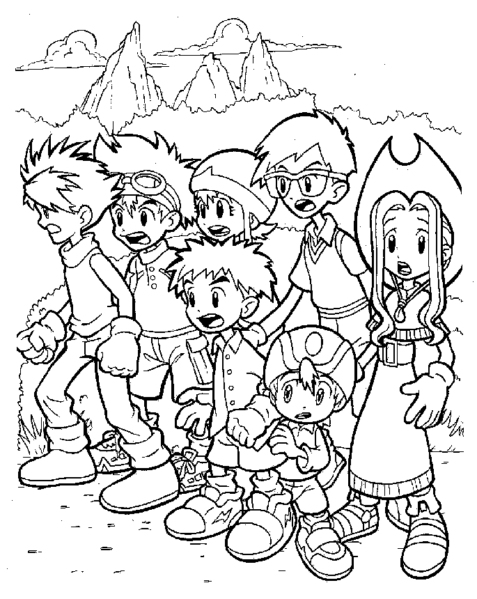 Coloriage d'un Digimon en pleine action dans un décor naturel