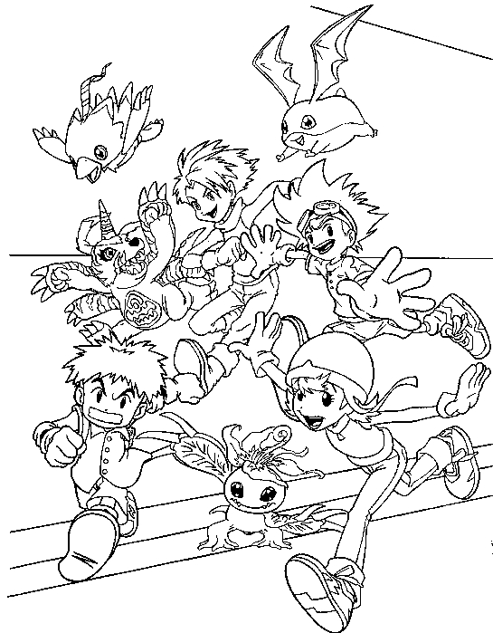 Coloriage d'un Digimon en pleine action dans un décor dynamique