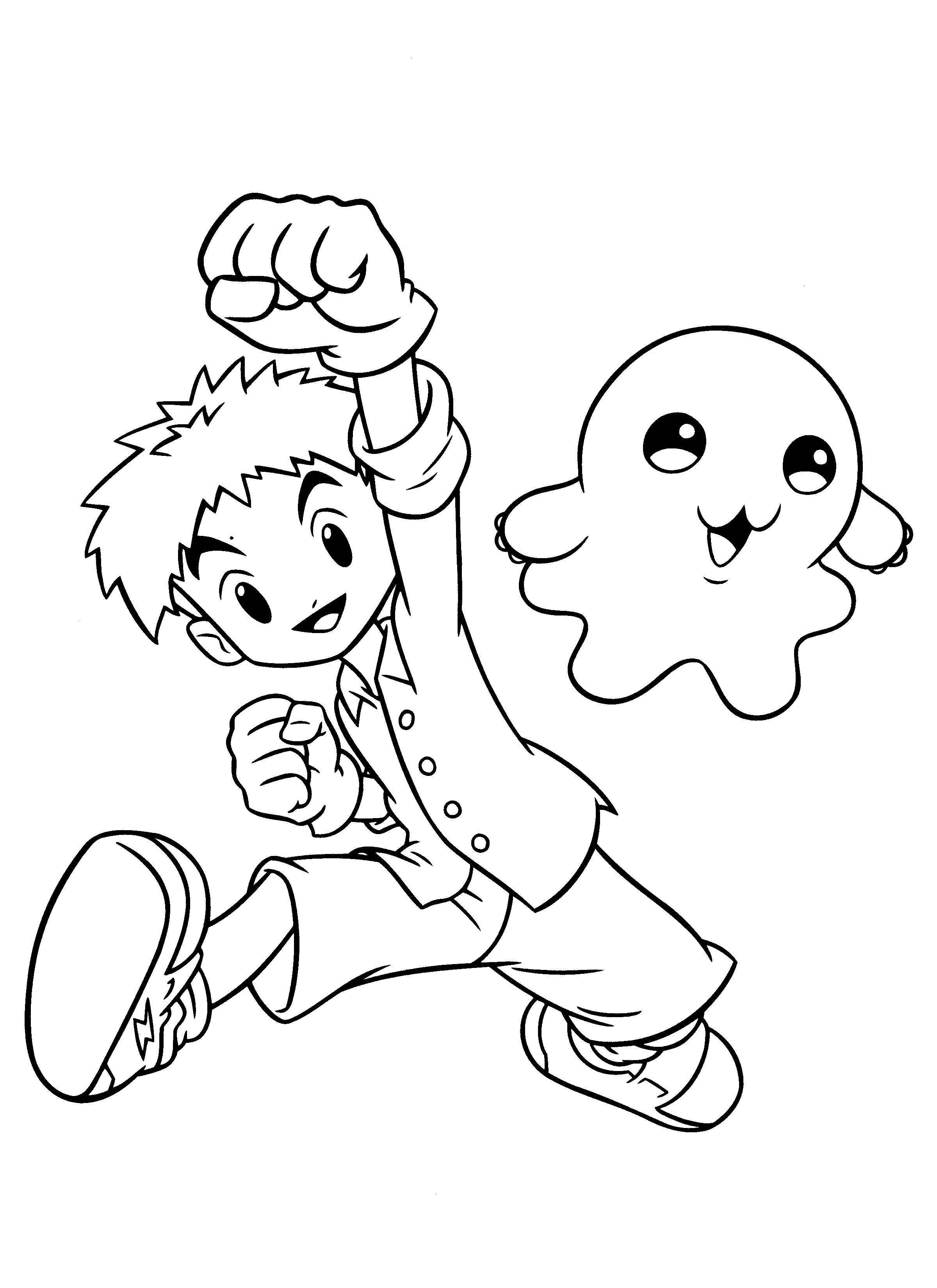 Un digimon en pleine action au milieu d'un paysage dynamique