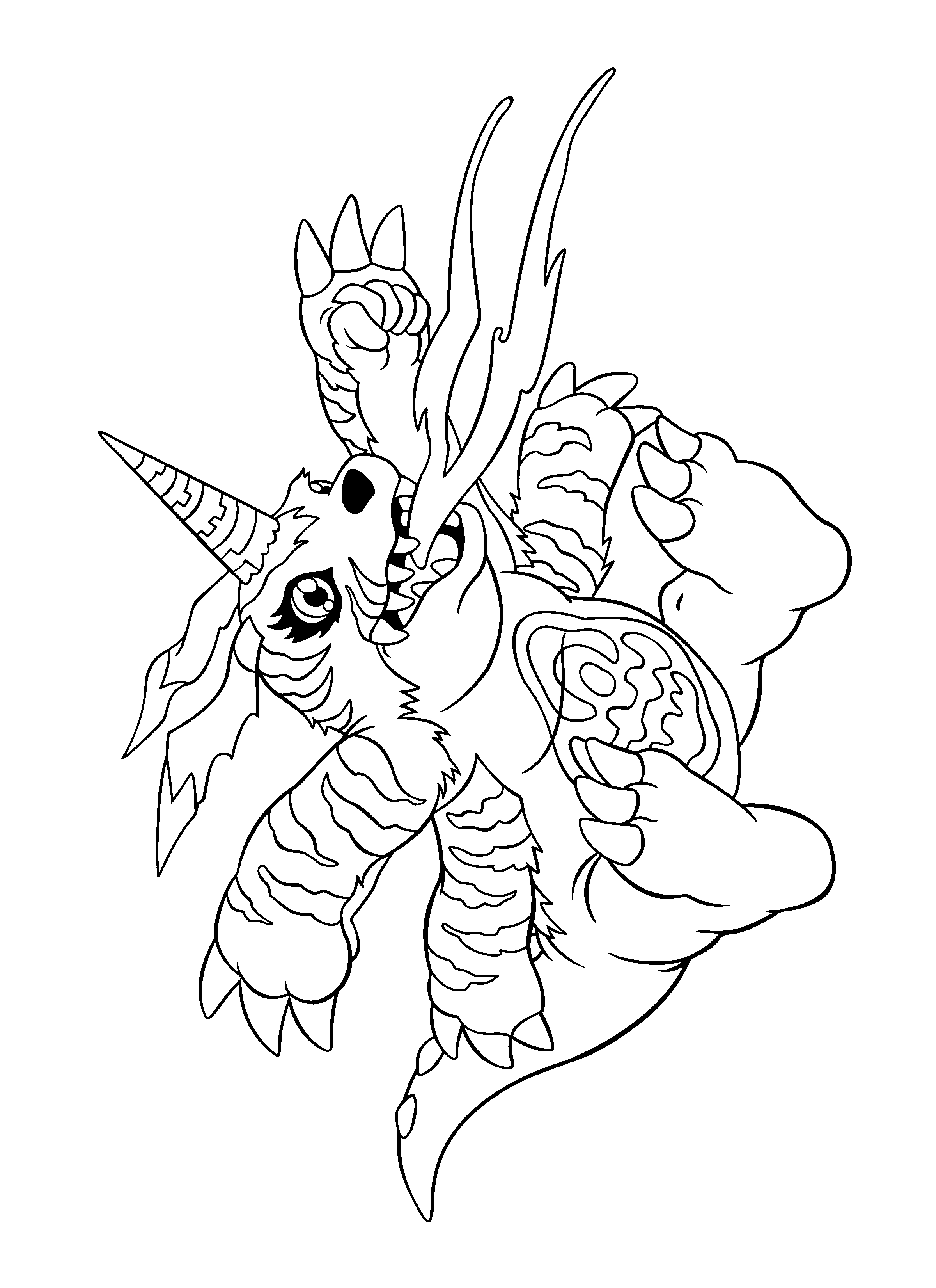 Coloriage de Digimon en pleine action dans un décor dynamique