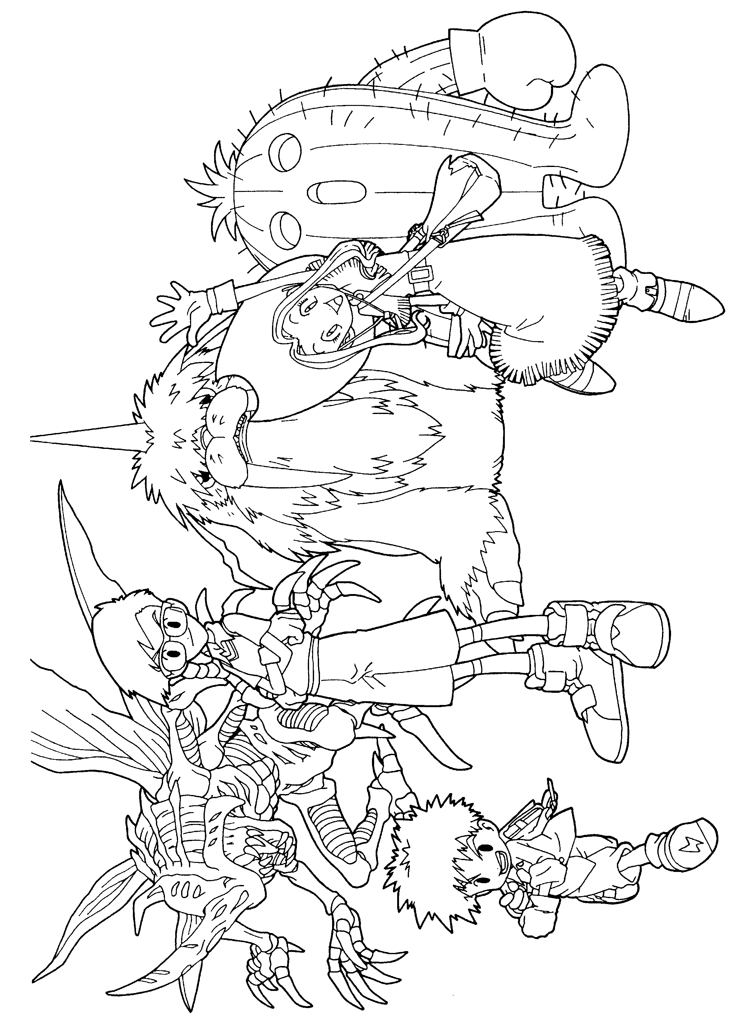 Coloriage de Digimon en pleine action dans un décor dynamique
