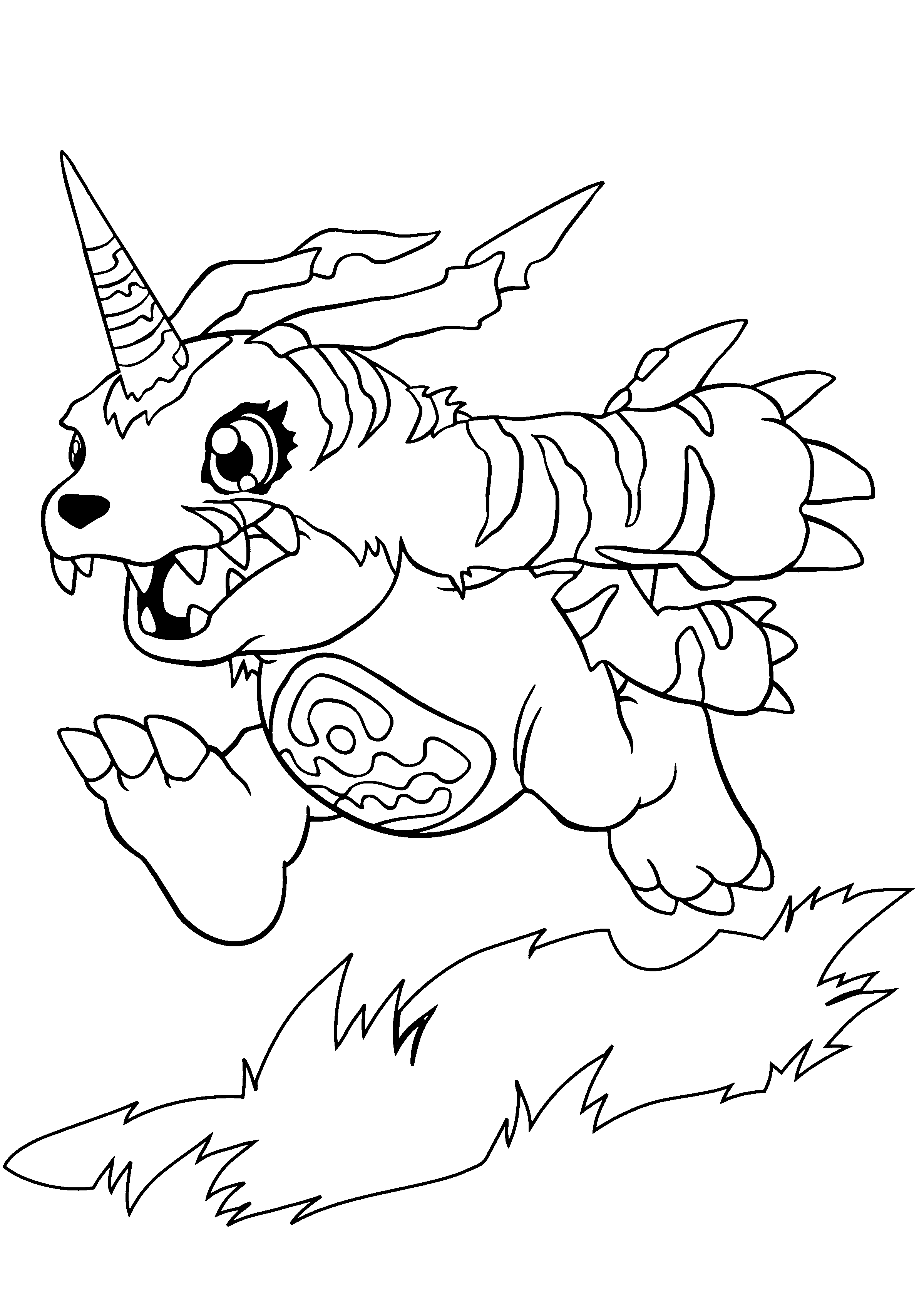 Coloriage d'un digimon sur fond de nature