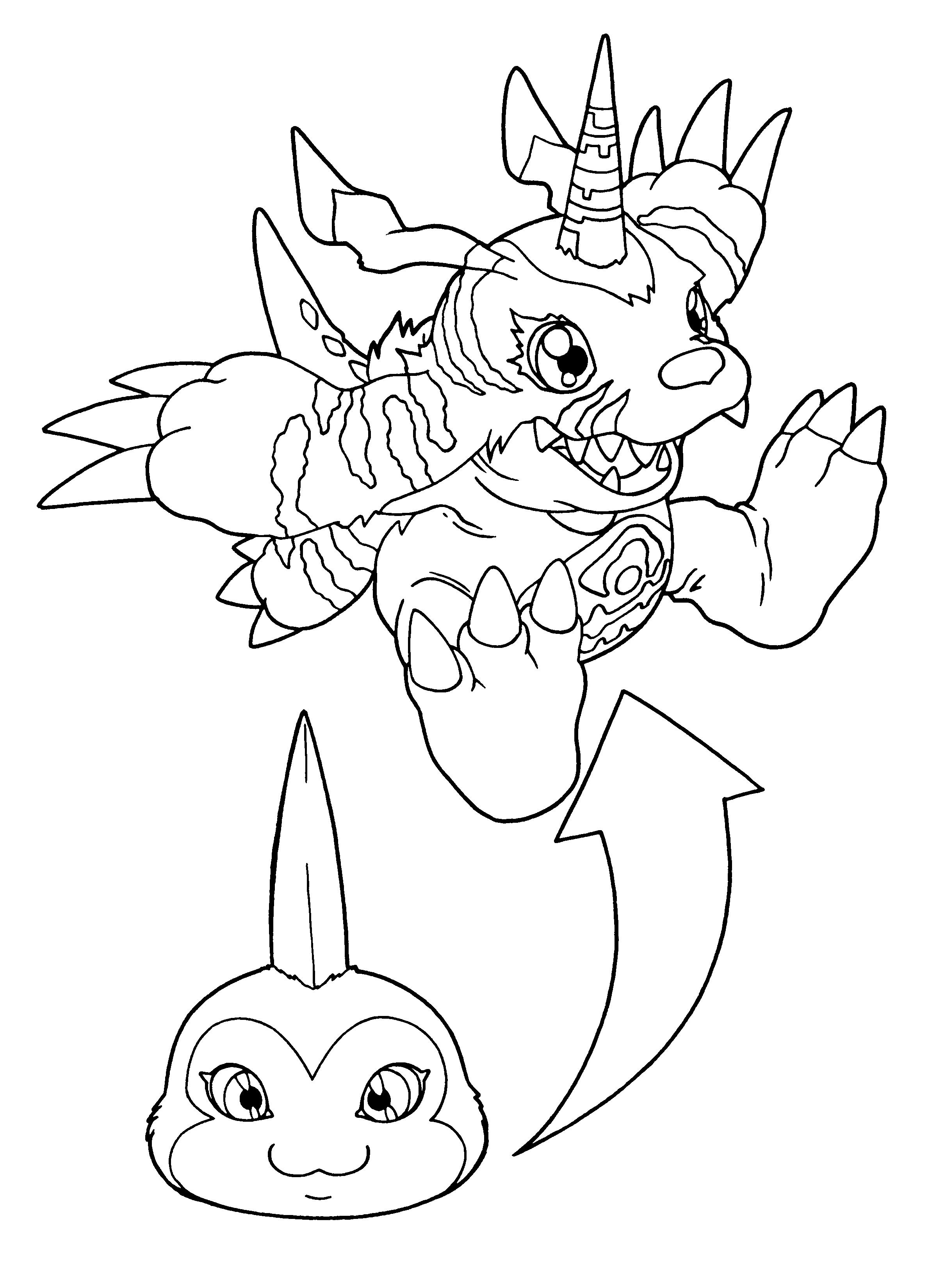 Coloriage d'un digimon en pleine action dans un décor dynamique