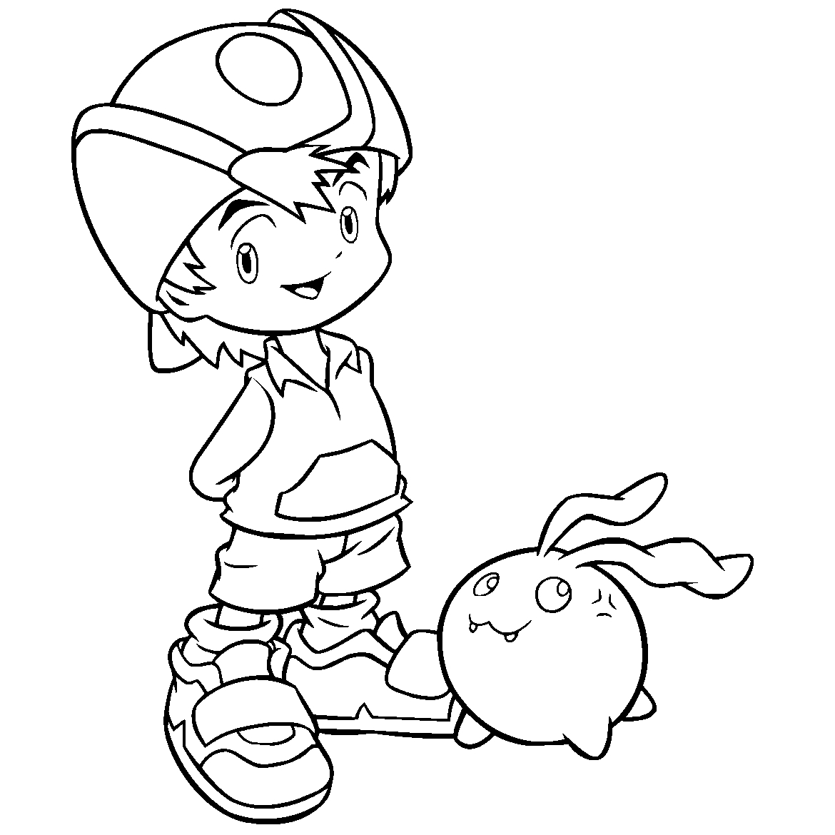 Coloriage de Digimon en pleine action dans un paysage naturel