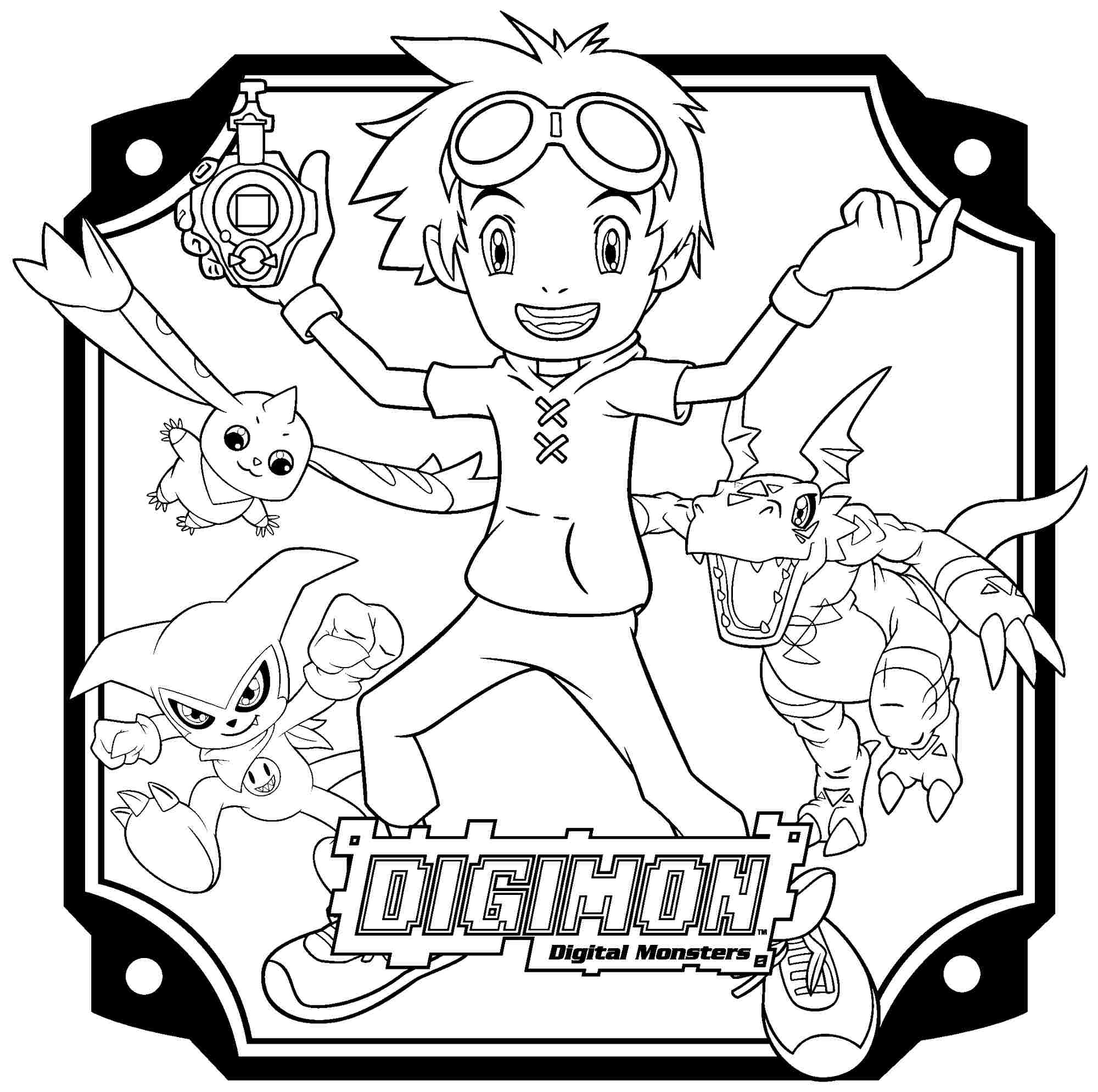 Coloriage de Digimon avec un personnage en pleine action dans un décor stylisé