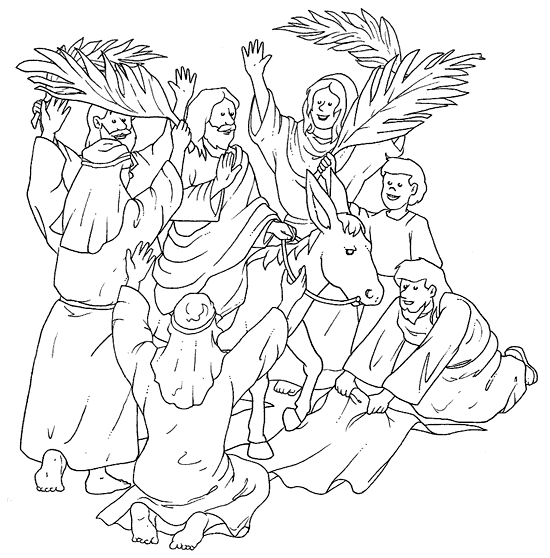Coloriage du Dimanche des Rameaux avec des enfants tenant des branches de palmier Coloriage du Dimanche des Rameaux avec des enfants tenant des branches de palmier