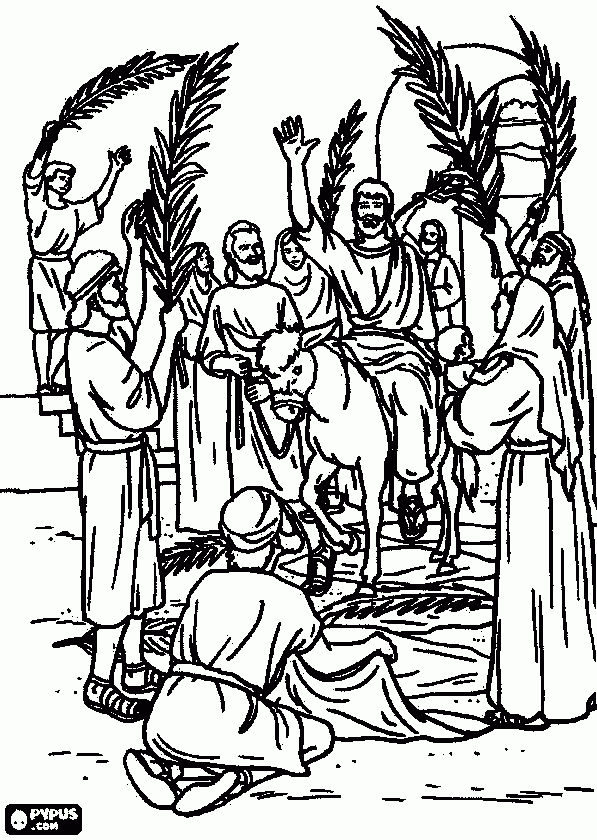 Scène de la célébration du dimanche des rameaux avec des personnages et des palmes