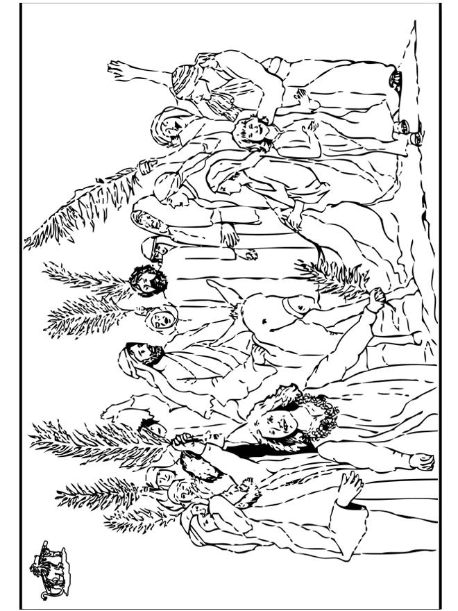 Scène du dimanche des rameaux avec des enfants et des palmes