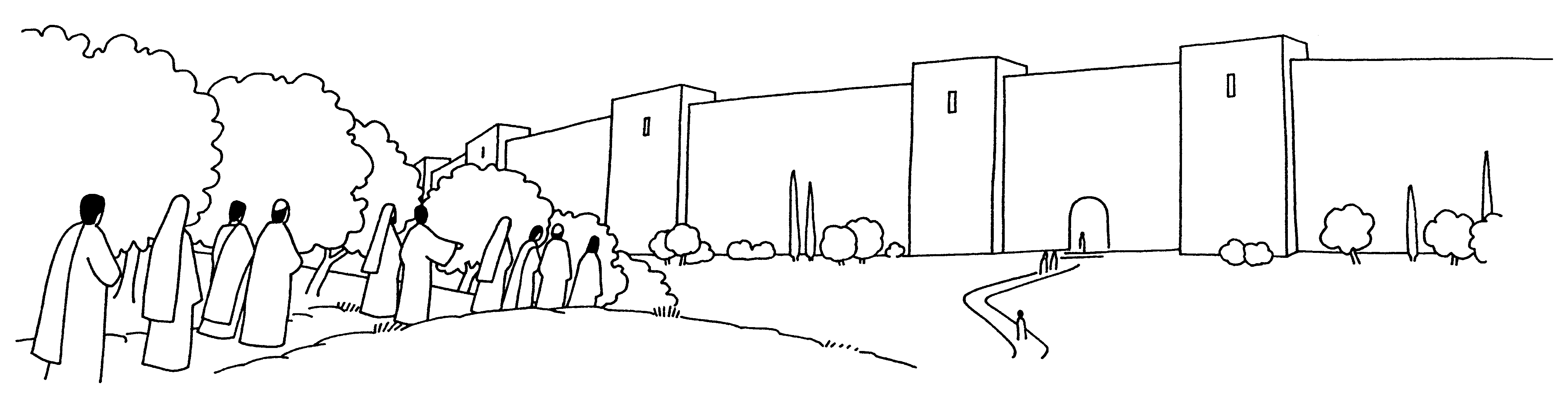 Scène de coloriage du dimanche des Rameaux avec des personnages et des palmes