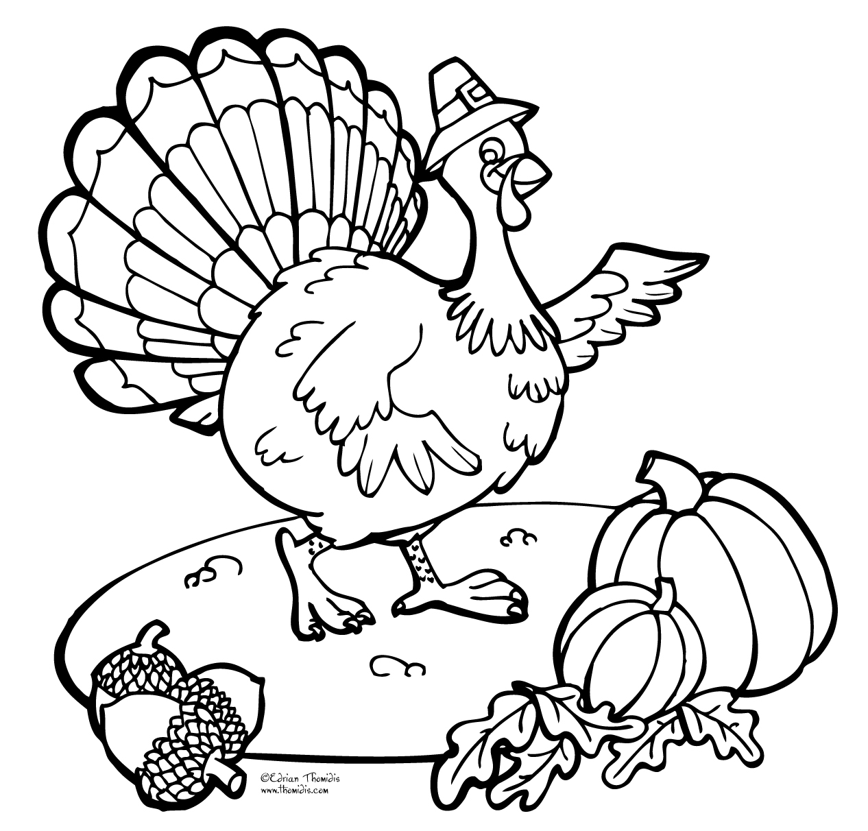Coloriage d'une dinde avec des plumes épanouies dans un décor automnal