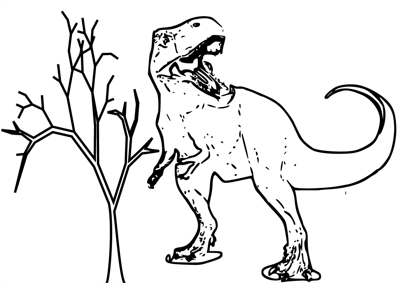 Un dinosaure souriant évoluant dans un paysage préhistorique