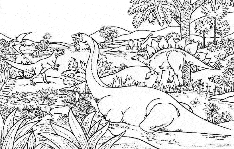 Coloriage d'un dinosaure dans son environnement naturel