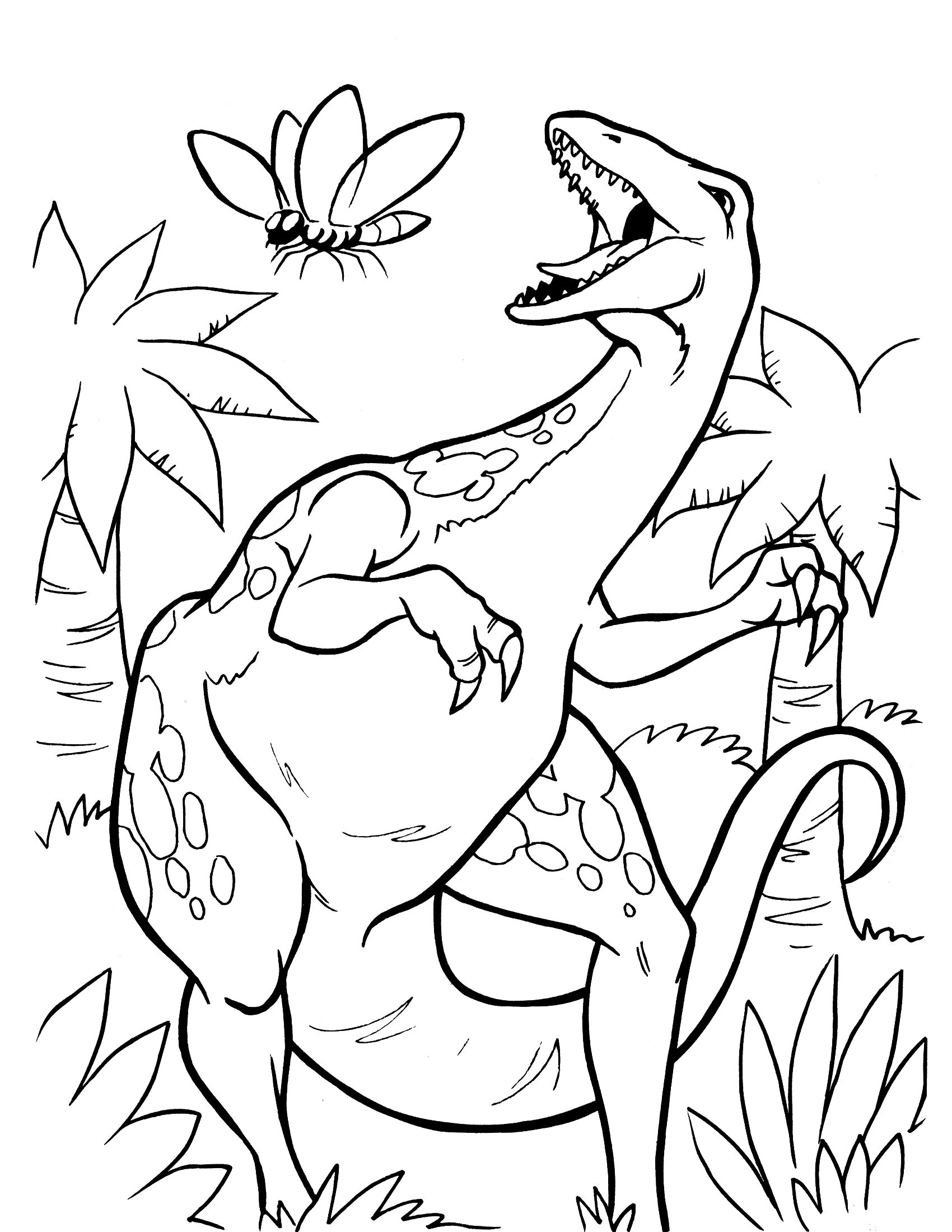 Dessin d'un dinosaure amusant en pleine activité dans un décor préhistorique