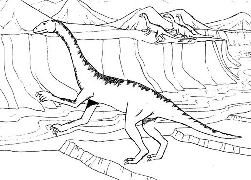 Coloriage d'un dinosaure jouant dans une forêt préhistorique