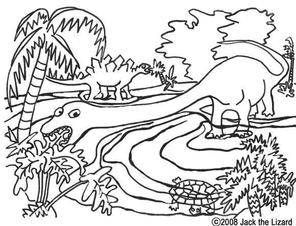 Coloriage d'un dinosaure dans un paysage préhistorique