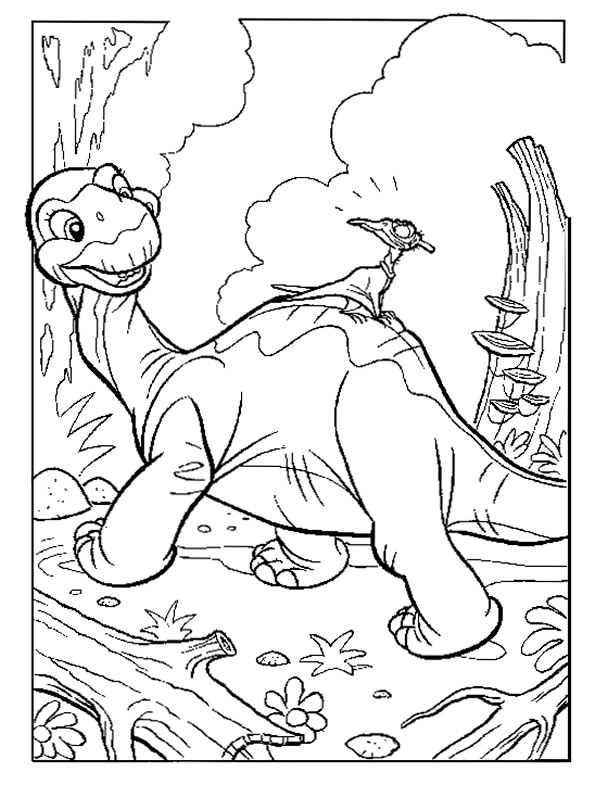 Coloriage d'un dinosaure joyeux dans un paysage préhistorique