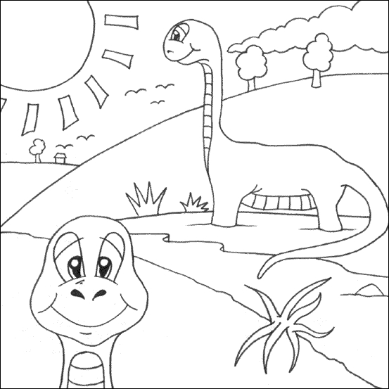 Coloriage d'un dinosaure amusant dans un paysage préhistorique