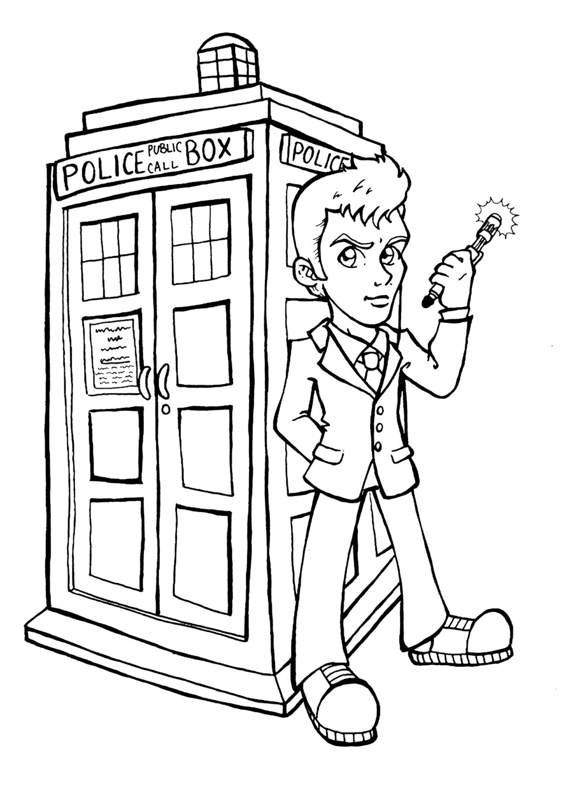 Le Docteur et son TARDIS dans un paysage futuriste