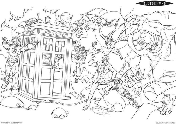 Coloriage de Doctor Who avec le TARDIS et des personnages emblématiques