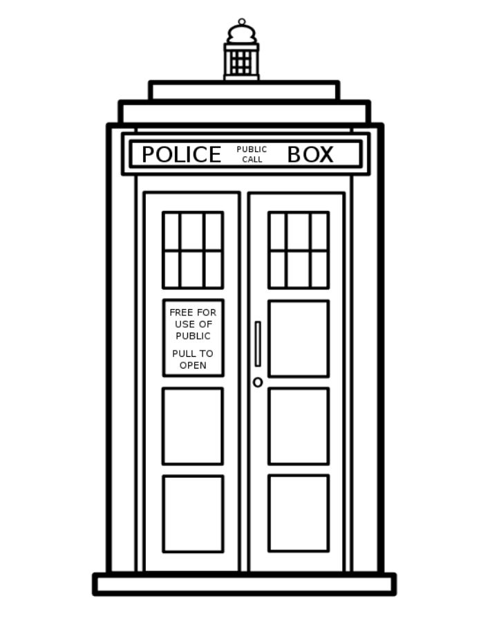 Coloriage représentant le Docteur Who devant le Tardis dans un décor futuriste Coloriage représentant le Docteur Who devant le Tardis dans un décor futuriste
