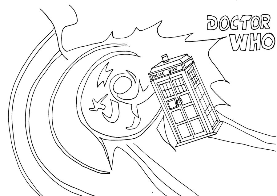 Docteur Who se tient dans un paysage futuriste avec son TARDIS