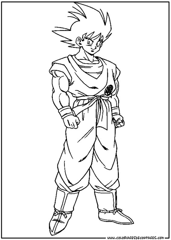 Coloriage de Goku en pleine transformation Super Saiyan dans un décor de combat